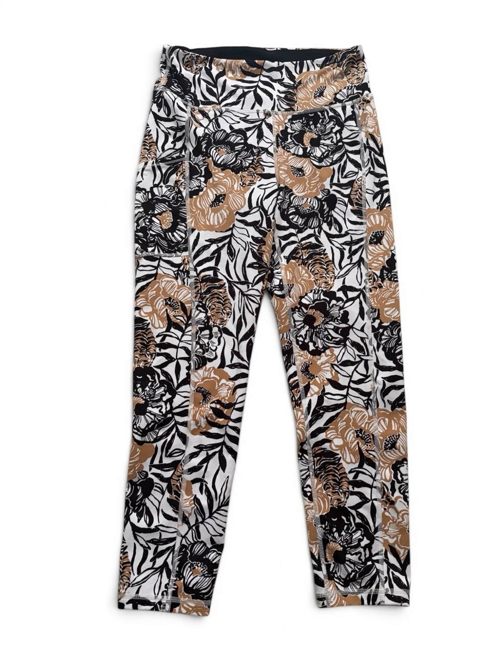 Lily Pulitzer athletica Black Leggings with Cream & Brown Floral Trim